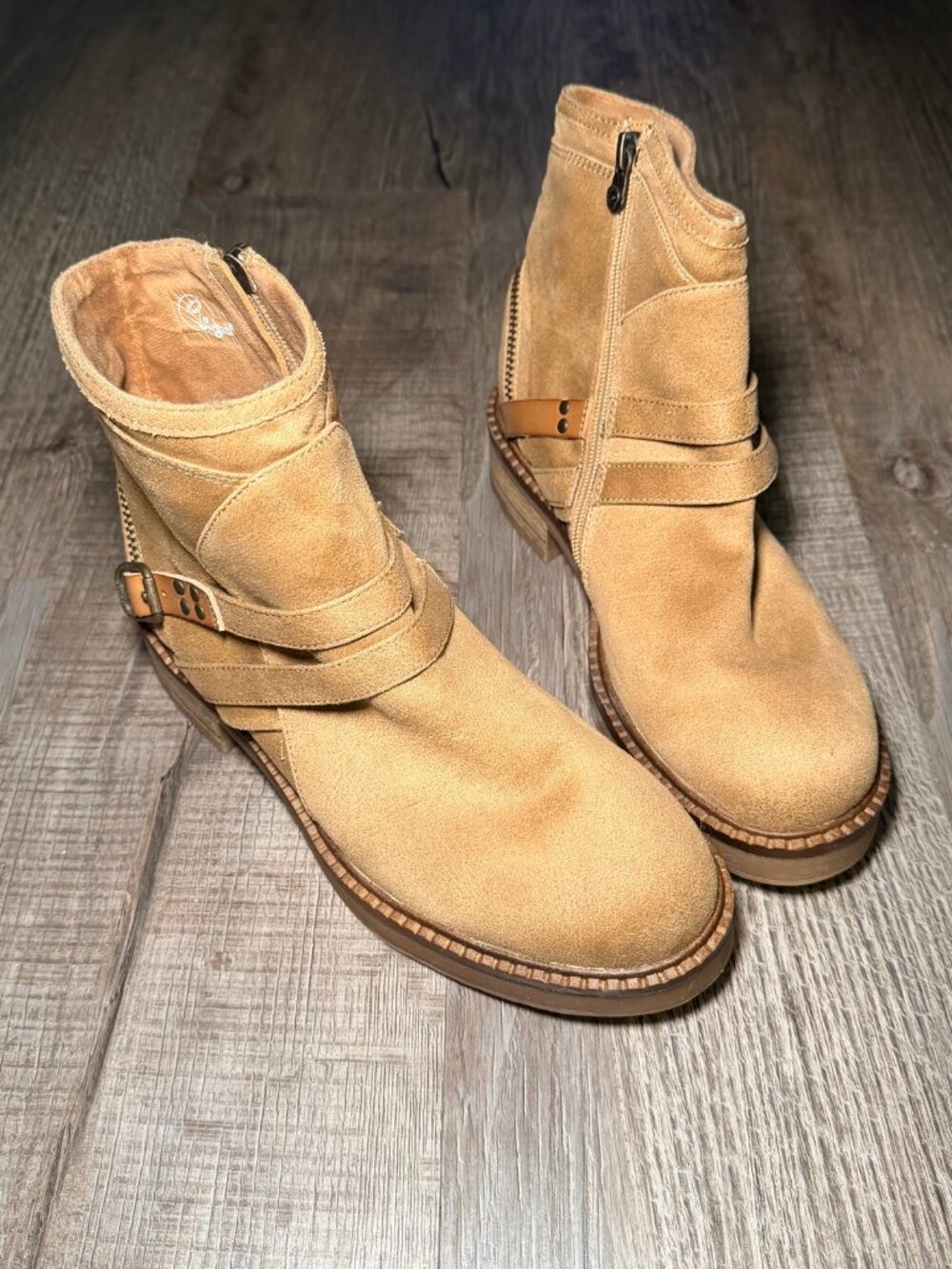 Blowfish Malibu Ankle Boots Tan Faux Suede Strap Buckle Zip Vegan Booties 9